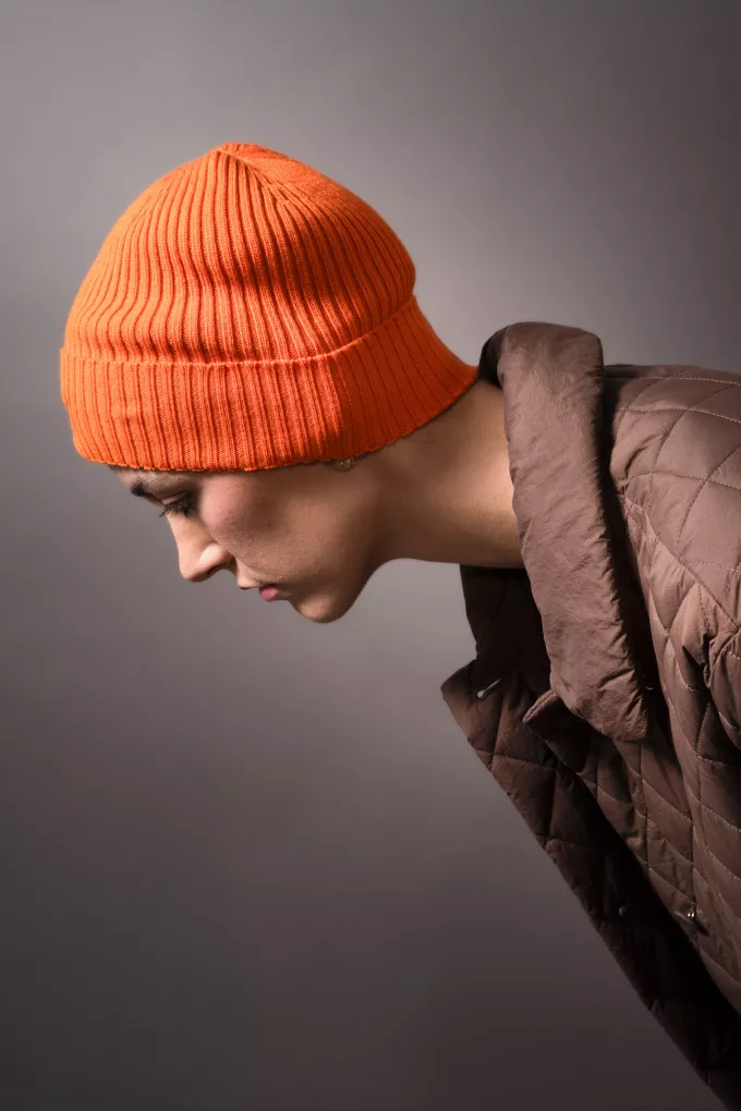 Bonnet petites côtes orange en laine Mérinos - Bonnet 100% française