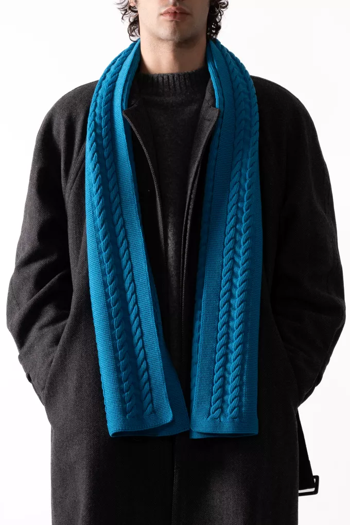 Echarpe torsade bleue turquoise en laine Mérinos - Echarpe 100% française